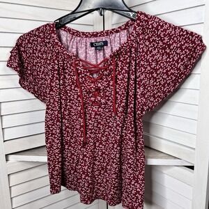 Chaps Women's Red‎ Lace Up Front Flutter Sleeve Pullover Blouse Size Small Short